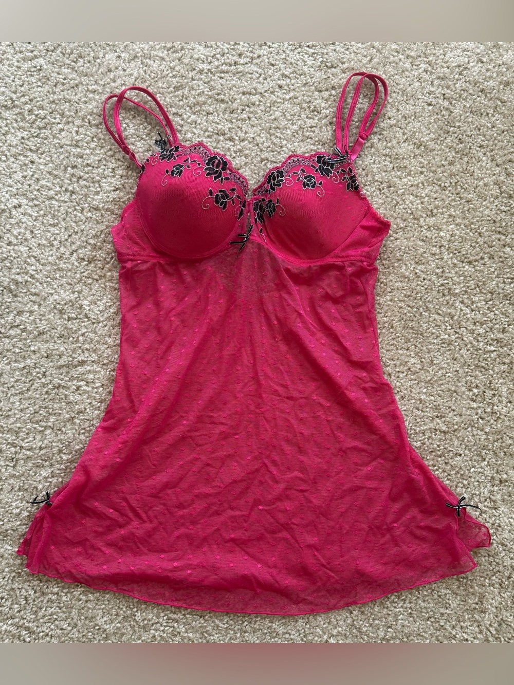 Y2K Hot Pink Mesh Babydoll Lingerie Chemise 36C Embroidered Floral Sheer Bow
